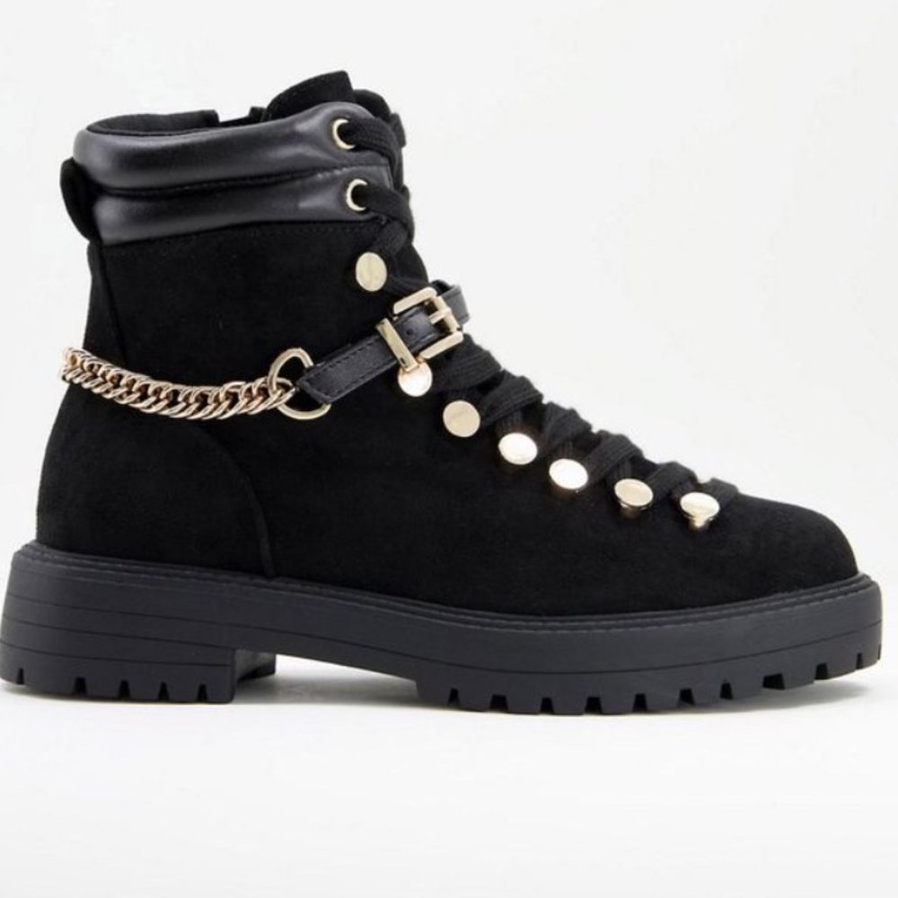 ASOS Design Arabelle Chain Trim Hiker Boots in Black Suede Gold UK 9 11